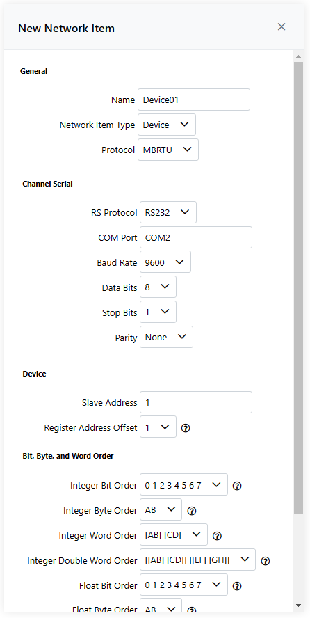 New Network Item Filled Out