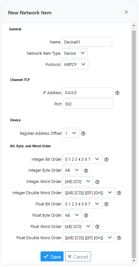 New Network Item Filled Out